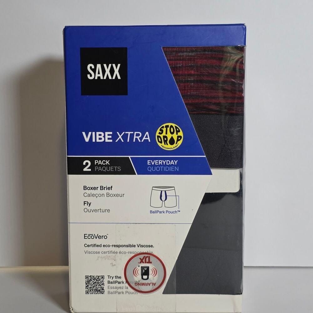 NEW SAXX Vibe Xtra Boxer Brief 2-Pack Gray Red BallPark Pouch 6" Inseam Small